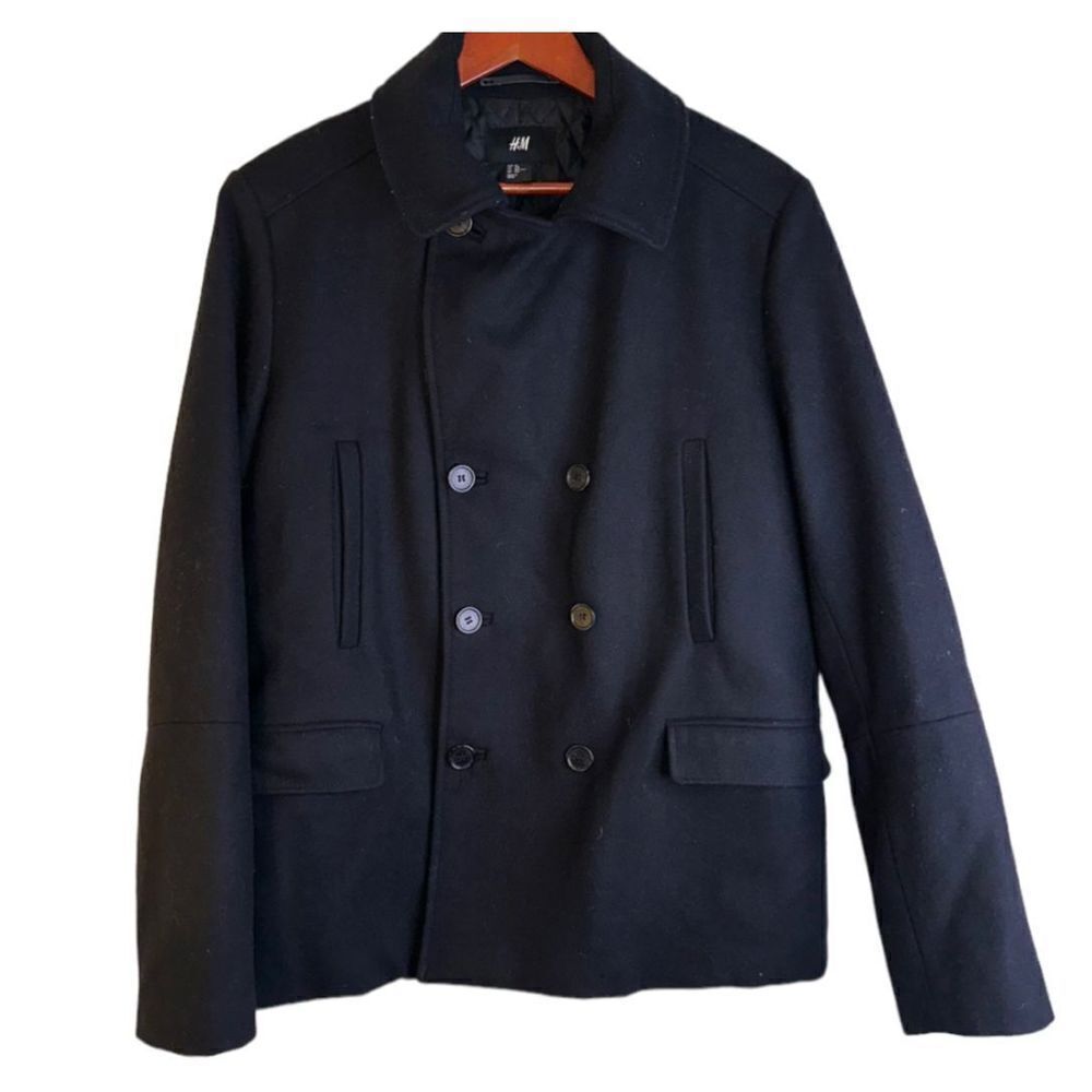 H&M Mens 42R Solid Black Recycled Wool Blend Double Breasted Quilt Lined Jacket